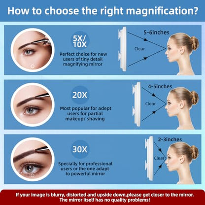 30X Concave Magnifying Mirror with Lights, 3-Color Light Adjustable Brightness, 6inch Travel Magnified Mirror with Suction Cups, Large 30x High Makeup Magnification and Tweezers - color: Pink-30x