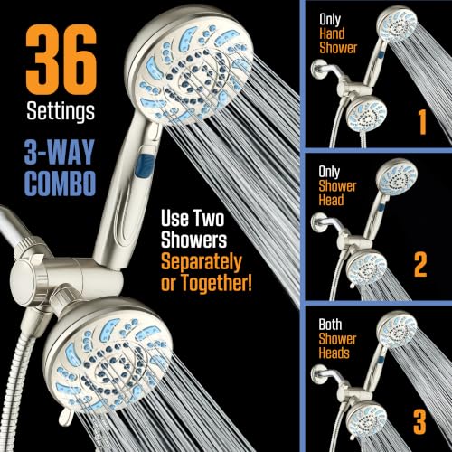 AquaCare 2026 High Pressure Dual Handheld Shower Head Combo w/Pause Switch | Detachable Showerhead Wand, Stay-Clean Jets, Extra-long 6 ft. Stainless Steel Hose, Dual Wall & Overhead Brackets / Nickel - color: Nickel