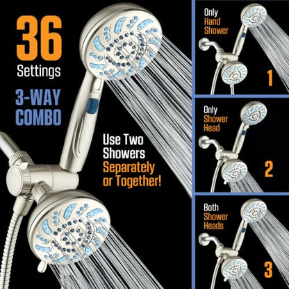 AquaCare 2026 High Pressure Dual Handheld Shower Head Combo w/Pause Switch | Detachable Showerhead Wand, Stay-Clean Jets, Extra-long 6 ft. Stainless Steel Hose, Dual Wall & Overhead Brackets / Nickel - color: Nickel