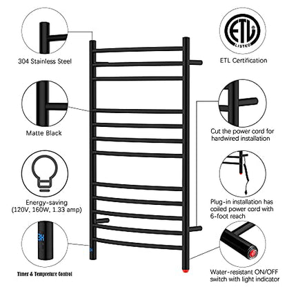 12-Bar Curved Towel Warmer, Heated Towel Rack with Timer, Black | 12 Curved Heating Bars, Timer And Temperature Control, 160W Power, Wall-Mounted Design, Plug-In Or Hardwired Installation - color: Matte Black