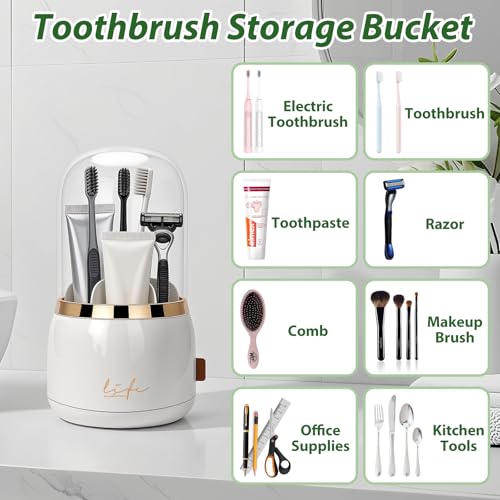 360 Rotating Toothbrush Holders for Bathrooms, 7-Slot Toothbrush Holder with Cover & Drainage, Bathroom Countertop Organizer for Electric Toothbrushes, Toothpaste & Makeup Brushes - color: Beige