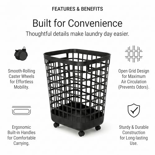 Heavy Duty Rolling Laundry Hamper with Wheels - 2.6 Bushel (90L+) Large Plastic Laundry Basket, Tall Ventilated Dirty Clothes Organizer for Bedroom, Bathroom & Dorm Room, No Assembly Required (Black) - size: Black