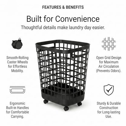 Heavy Duty Rolling Laundry Hamper with Wheels - 2.6 Bushel (90L+) Large Plastic Laundry Basket, Tall Ventilated Dirty Clothes Organizer for Bedroom, Bathroom & Dorm Room, No Assembly Required (Black) - size: Black