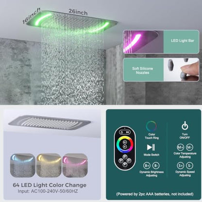16x26" Rainfall Full Body Digital Shower System with LED Light Remote | Luxury Temperature Display Shower Faucet Set with 4 Body Jets & Dual Function Handheld Shower, Chrome - color: Chrome, style: 16x26"+4 jets