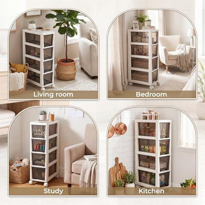 Huwena Plastic Slim 4 Drawers Narrow Storage Cart 28" x 15" x 7.5" Bathroom Narrow Drawer Cabinet with Wheel Container for Small Space Laundry Kitchen Office Bedroom Closets Under Desk