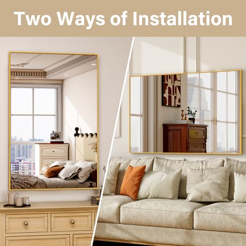 HARRITPURE 24"x36" Rectangle Bathroom Mirror, Gold Vanity Wall Mirror | Aluminum Alloy Frame Wall Mirror, Horizontal or Vertical Wall Mount for Entryway Bedroom Living Room - size: 36"L x 24"W