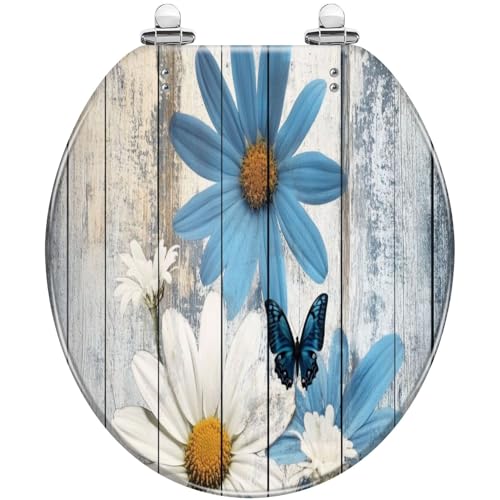 Round Resin Toilet Seat, Quietly Close Quick Release Hinges Cover | Toilet Lid Cover Easy to Clean and Install, Flower Shower Daisy Wild Rustic Floral Blue Butterfly Heavy Duty Toilet Seat - color: pattern10, size: O-shape