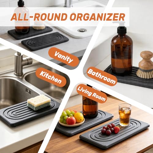2 PCS Water Absorbing Stone Tray, Quick Drying Diatomite Sink Tray, Non-Slip Drying Mat for Bathroom Vanity & Kitchen Counter, Soap Dispenser Sponge Holder Organizer, White 8.3x4 Inch (Black) - color: Black