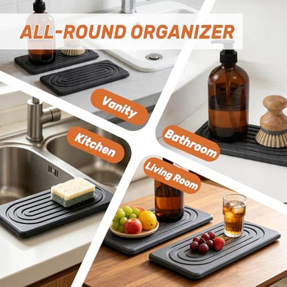 2 PCS Water Absorbing Stone Tray, Quick Drying Diatomite Sink Tray, Non-Slip Drying Mat for Bathroom Vanity & Kitchen Counter, Soap Dispenser Sponge Holder Organizer, White 8.3x4 Inch (Black) - color: Black