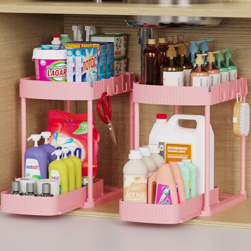 2 Packs Under Sink Pull-Out Storage Organizers, 12.8 Inches, Pink | Multi-Purpose Cabinet Organizers and Storage for Bathroom & Kitchen - color: Pink, size: 12.8 Inch