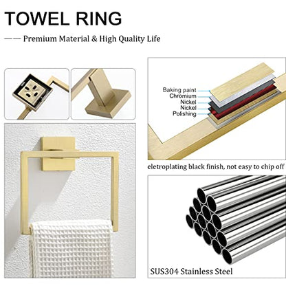 TQKAG Brushed Gold Towel Ring, Bathroom Hand Towel Holder, Wall Mount | 5.5 Inch, Square Gold Towel Ring, SUS304 Stainless Steel, Easy Installation, Bathroom Kitchen Entryway Vanity Sink - color: Brushed Gold