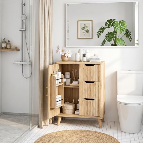 CHOEZON Bathroom Cabinet, Fluted Bathroom Storage Cabinet, Freestanding Floor Cabinet with Door Shelves, Drawers & Adjustable Shelf, Modern Bathroom Organizer for Bathroom, Kitchen, Natural