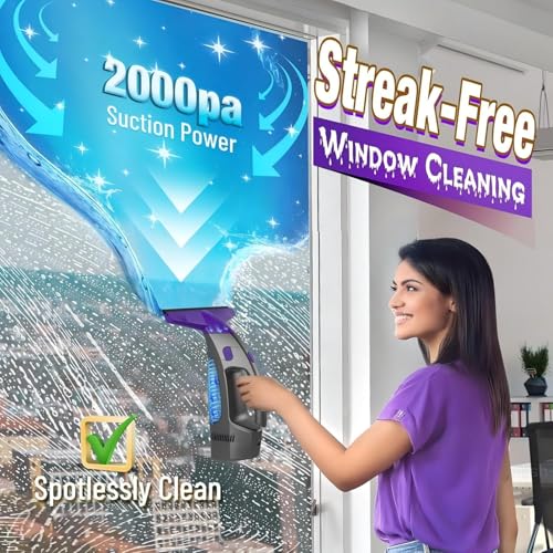 Window Vacuum Squeegee Cordless, 2000Pa Electric Window Cleaner Tool with Spray Bottle & Microfiber Pad, Handheld Window Cleaning Kit for Streak-Free Glass, Shower Doors, Mirrors, Tiles, Car Windows