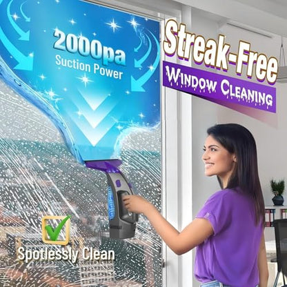 Window Vacuum Squeegee Cordless, 2000Pa Electric Window Cleaner Tool with Spray Bottle & Microfiber Pad, Handheld Window Cleaning Kit for Streak-Free Glass, Shower Doors, Mirrors, Tiles, Car Windows