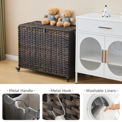 Laundry Hamper with Wheels, 60.72 Gallon(230L) Rolling Laundry Basket with Lid, Removable Large 3 Color Liners & 3 Mesh Laundry Bags, Clothes Hamper with Side Pocket, Brown - color: Brown, size: 35.43"L x 15.75"W x 25.6"H