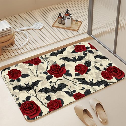 Gothic Red Rose Flower Bathroom Rugs, Non Slip Quick Dry Halloween Bats Bath Mats for Bathroom, Super Absorbent Diatomaceous Bathmat for Home Kitchen Thin Floor Doormat 17 X 29.5 Inch - color: Gothic Red Rose Flower