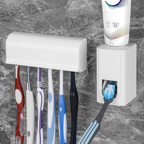 Linkidea Wall Mount Toothbrush Holder and Toothpaste Dispenser, Plastic Self Adhesive 6 Slots Tooth Brush with Cover for Bathroom, Compatible with Oral-B CrossAction, Colgate Extra Clean