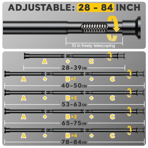 Black Tension Curtain Rods 28 to 84 Inch,1"Heavy Duty Shower Curtain Rod，No Slip No Drill Adjustable Shower Rod for Bathroom, Window, Closet & Wardrobe - color: Black, size: 28-84 inch