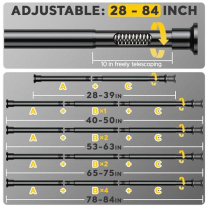 Black Tension Curtain Rods 28 to 84 Inch,1"Heavy Duty Shower Curtain Rod，No Slip No Drill Adjustable Shower Rod for Bathroom, Window, Closet & Wardrobe - color: Black, size: 28-84 inch