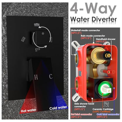 Enga Dual Shower Head System with Tub Spout, Ceiling Mount 10 Inch Shower Head with 6 Inch Wall Mount Shower Head, 4 Way Diverter Shower Faucet with 2 in 1 Handheld, Matte Black - color: Matte Black, style: Tub+10"+6" Head