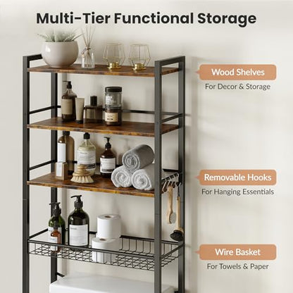 Over The Toilet Storage Shelf, 4-Tier Bathroom Organizer with Basket & Hooks, Sturdy Space Saver for Small Bathrooms, Rustic Brown & Black - color: Brown
