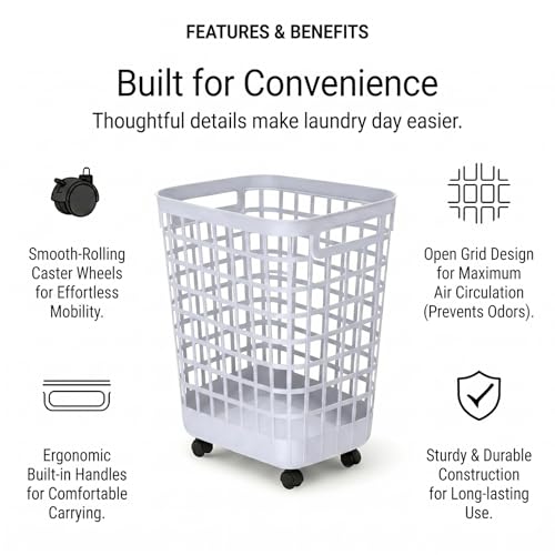 Heavy Duty Rolling Laundry Hamper with Wheels - 2.6 Bushel (90L+) Large Plastic Laundry Basket, Tall Ventilated Dirty Clothes Organizer for Bedroom, Bathroom & Dorm Room, No Assembly Required (White) - size: White