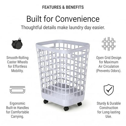 Heavy Duty Rolling Laundry Hamper with Wheels - 2.6 Bushel (90L+) Large Plastic Laundry Basket, Tall Ventilated Dirty Clothes Organizer for Bedroom, Bathroom & Dorm Room, No Assembly Required (White) - size: White