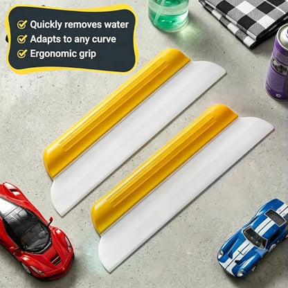 2 Pack 14 Inch Car Drying Squeegee, Yellow Flexible Silicone Water Blade for Window Shower, Auto T-Bar Rubber Wiper for Windshield & Bathroom - size: 2 Pack