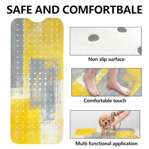LNOND Yellow and Grey Bathtub Mat Non Slip, 40 X 16 Inch Tub Mat for Bathroom, Abstract Art Bath Tub Shower Mat with Drain Holes and Suction Cups - color: Yellow and Grey