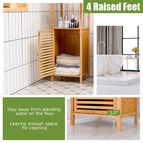 Tangkula Bathroom Cabinet, 65 Inch Tall Slim Bathroom Storage Cabinet with Shutter Door and 3 Open Shelves, Narrow Multifunctional Tower Cabinet, Natural Bamboo, 15.5 x 14.5 x 65 Inch - style: Tall Cabinet