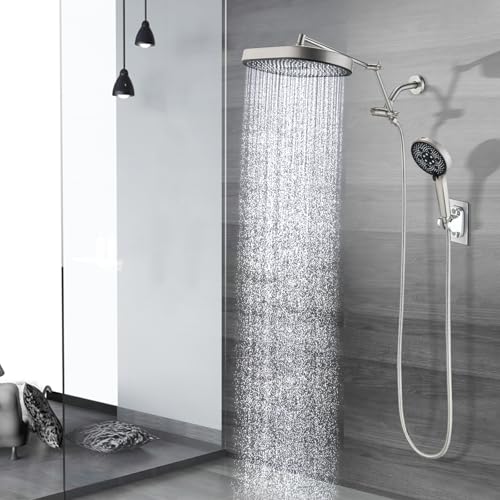 PDPBath 14 Inch Rain Shower Head with 5+1 Settings Handheld Spray Combo, High Pressure Rainfall Shower Head with 16'' Adjustable Extension Arm, 79" Extra Long Hose, 3-Way Diverter, Brushed Nickel - color: Brushed Nickel
