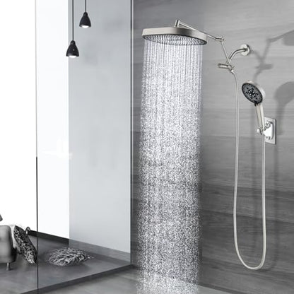 PDPBath 14 Inch Rain Shower Head with 5+1 Settings Handheld Spray Combo, High Pressure Rainfall Shower Head with 16'' Adjustable Extension Arm, 79" Extra Long Hose, 3-Way Diverter, Brushed Nickel - color: Brushed Nickel