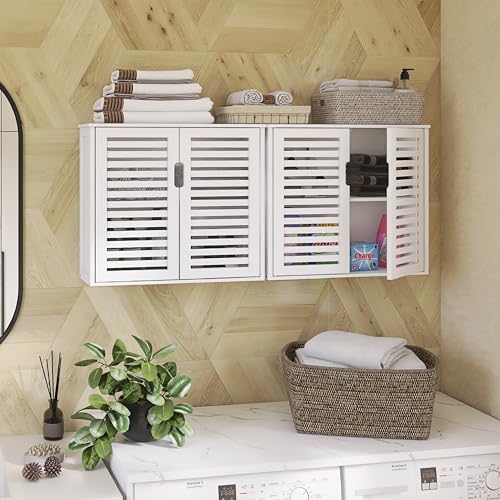 HITNET White Bathroom Cabinet Over Toilet, Bamboo Hanging Medicine Cabinet, Wall-Mounted Storage Organizer, Kitchen Cupboard with Double Doors and Adjustable Shelf - color: White