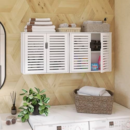HITNET White Bathroom Cabinet Over Toilet, Bamboo Hanging Medicine Cabinet, Wall-Mounted Storage Organizer, Kitchen Cupboard with Double Doors and Adjustable Shelf - color: White