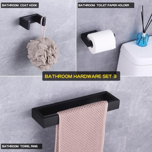 GERZWY Bathroom Accessory 3-Piece Set SUS 304 Stainless Steel Toilet Paper Holder Towel Ring Towel Hooks Wall Mount, Matte Black HG1708-3BK - color: Matte Black