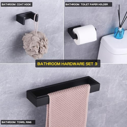 GERZWY Bathroom Accessory 3-Piece Set SUS 304 Stainless Steel Toilet Paper Holder Towel Ring Towel Hooks Wall Mount, Matte Black HG1708-3BK - color: Matte Black