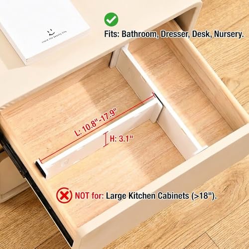 Adjustable Drawer Dividers, 3.1" High, 10.8-17.9", 6 Pack | Expandable organizer with non-slip locking mechanism & foam pads. Fits baby nursery, bathroom vanity & desk drawers.