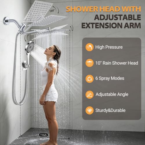 Shower Head,10”Rain Shower Head with Handheld Spray Combo with 11'' Angle Adjustable Extension Arm/Flow Regulator/Shower System,High Pressure Rainfall Shower Head Clean Bathroom,Matt Black - color: Sliver, size: 10 Inch