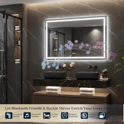 Keonjinn 55 x 36 Inch LED Bathroom Mirror with Lights, Bluetooth Speaker | Frontlit & Backlit Bluetooth Mirror Bathroom, 3000K/4500K/6000K, HD Tempered Glass, Dimmable, Fast & Safe Defogging, CRI90+ - size: 36"L x 55"W