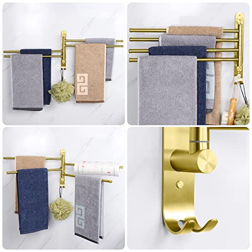 NearMoon Swivel Towel Rack, 13.8" Thicken 304 Stainless Steel 4-Arm Towel Bar, Space Saving Wall Mounted Towel Holder with Hook, Rustproof Swing Out Towel Hanger for Bathroom, Kitchen (Brushed Gold) - color: Brushed Gold, size: 13.8 Inch