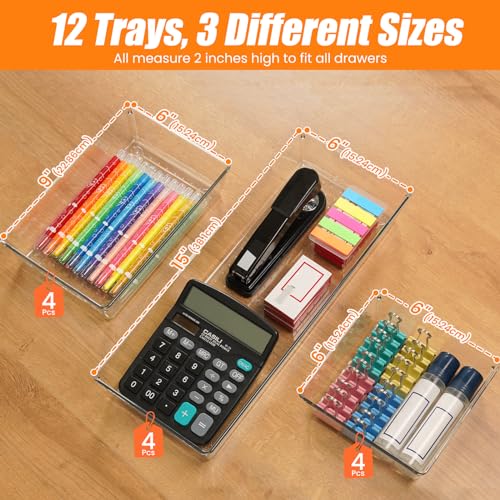 12 Pack Clear Plastic Drawer Organizer Set, Acrylic Non Slip Non Cracking Kitchen Drawer Storage Tray Large Size Divider, Multifunctional Storage for Cosmetics, Bathroom, Tools, Kitchen and Office - size: 12 PACK