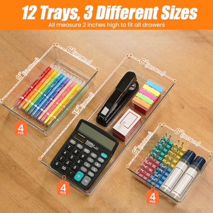12 Pack Clear Plastic Drawer Organizer Set, Acrylic Non Slip Non Cracking Kitchen Drawer Storage Tray Large Size Divider, Multifunctional Storage for Cosmetics, Bathroom, Tools, Kitchen and Office - size: 12 PACK