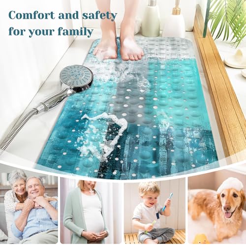 Bath Tub Mat Non Slip, Abstract Non Slip Bath Mat for Shower, Large Washable Shower mats for Showers with Drain Holes and Suction Cups,40 X 16 Inch (Turquoise Abstract) - color: Turquoise Abstract