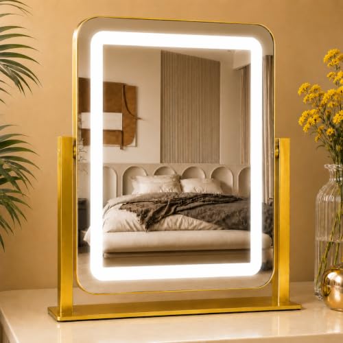 HNV 15" x 13" Gold Lighted Makeup Mirror | Compact gold desk mirror for dorm makeup, foundation checks, eyeliner, brows, mascara and skincare. - color: Gold, size: 15"L x 13"W