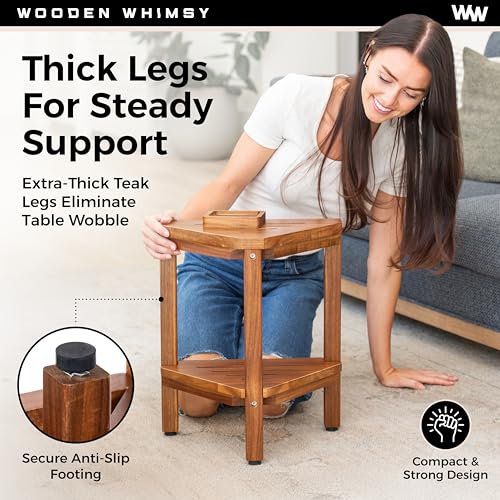 Teak Corner Shower Bench with Matching Soap Holder - Sturdy Waterproof Bathroom Stool Chair with Storage Shelf for Bathing Supplies - Bath Seat and Foot Rest for Shaving Legs - 15" x 15" x 18"