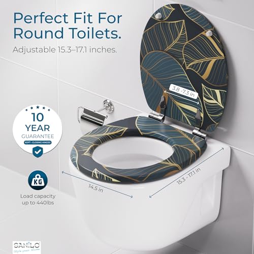 SANILO Wooden Toilet Seat with Soft Close [ROUND] - Decorative, Quiet & Slow Close Molded Wood Seat - With Strong Bumpers & Hinges - Adjustable Fit - Monstera - color: Monstera