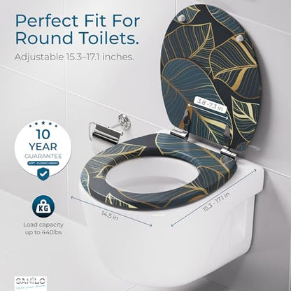 SANILO Wooden Toilet Seat with Soft Close [ROUND] - Decorative, Quiet & Slow Close Molded Wood Seat - With Strong Bumpers & Hinges - Adjustable Fit - Monstera - color: Monstera