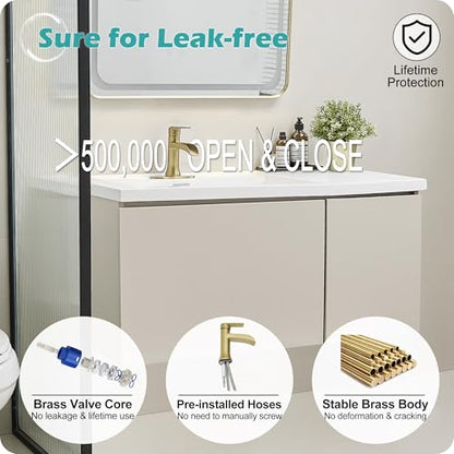 Brushed Gold Waterfall Bathroom Faucet Single Handle, 4 Inch 1 or 3 Hole Brass Bathroom Sink Faucets with Pop-Up Drain & Deck Plate for Vanity, Restroom, RV, Modern, 5 Mins Quick Install - color: Brushed Gold - Elegant