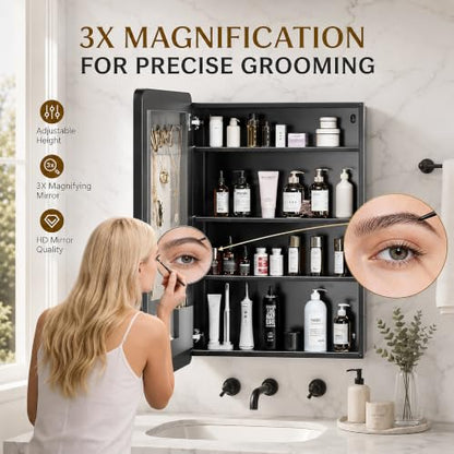 20x26 Black Medicine Cabinet Mirror, Recessed or Surface Mount | Built-in makeup organizer with lipstick slots, Brush holders and inner mirror; 3 adjustable shelves; Rustproof aluminum - size: 20" x 26"