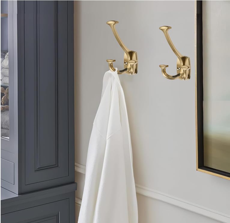 Champagne Bronze Hooks Large Wall Mounted Decorative Solid Heavy-Duty Double-Sided Coat Hooks Triple Coat Hook Towels Coats Robes Towels Bag Bathroom Three Prong Coat Hook (2 Pack) - color: Champagne Bronze
